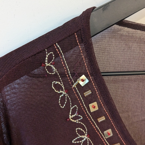 Vintage Y2K 90s New York & Co Bohemian Sheer Beaded V Neck Blouse Size Large - Picture 3 of 7